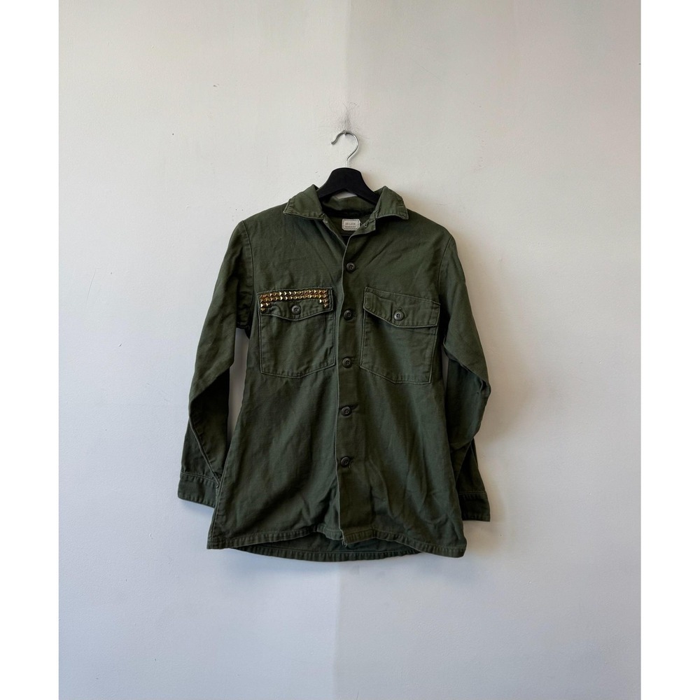 Vintage OG 107 Military Shirt Mens Small Green Twill Button Front Studded Pocket